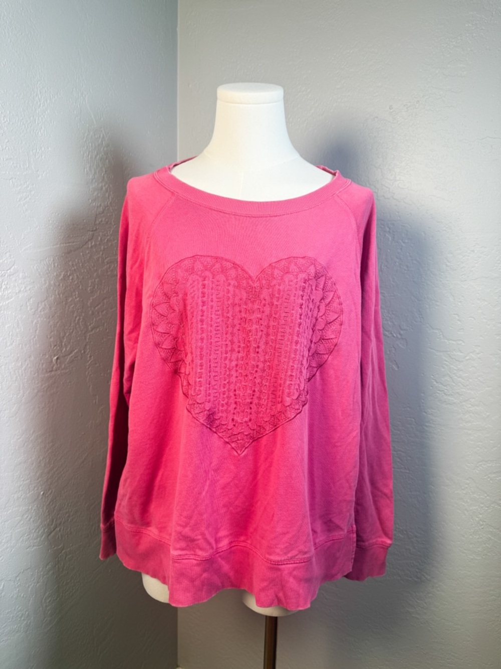 Style & Co Pink Heart Sweatshirt XL Embroidered Lace Applique Crewneck